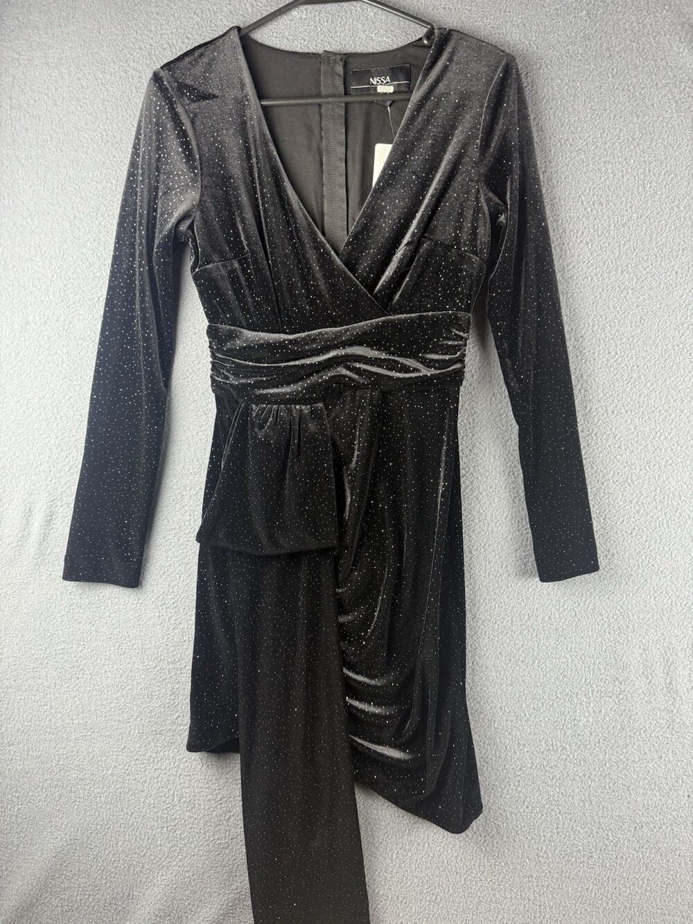 Nissa Evening Stud Embellished Black Velvet Dress Long Sleeves Size US 2